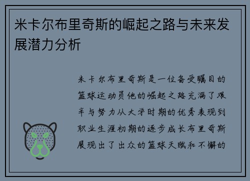米卡尔布里奇斯的崛起之路与未来发展潜力分析